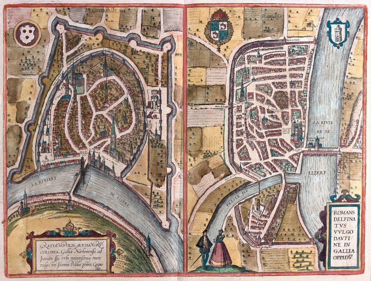 Grenoble a Romans sur Ister, Francie (rytina od Franz Hogenberg