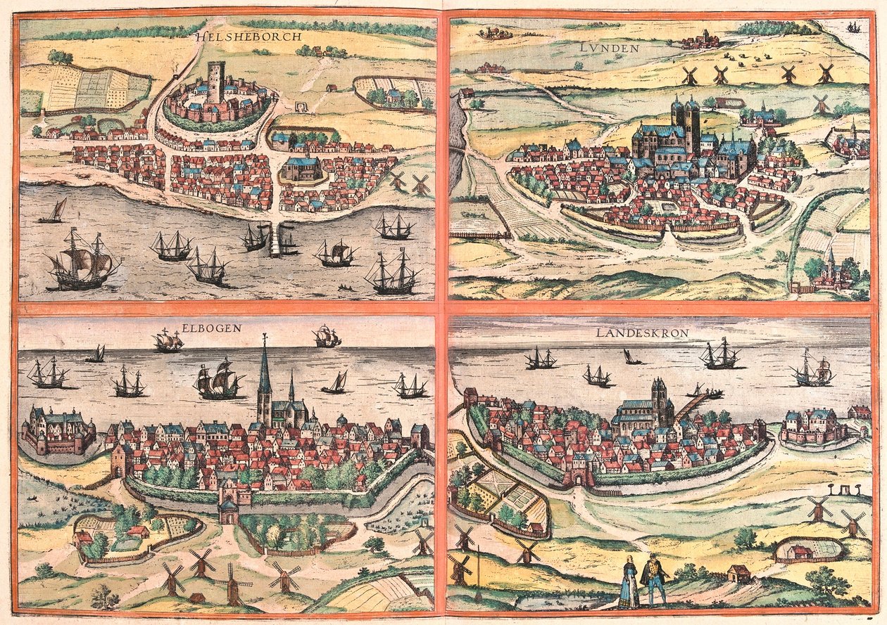 Helsingborg, Lunden, Malmo a Landskrona (Švédsko) (rytina od Franz Hogenberg