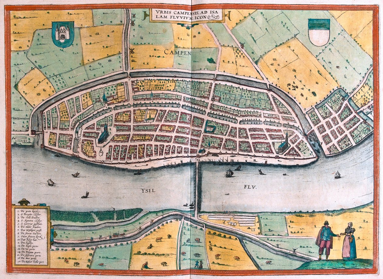 Kampen a řeka IJssel nebo Yssel, Nizozemsko (rytina od Franz Hogenberg