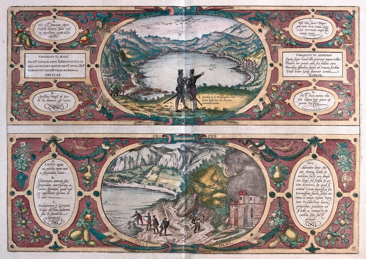 Jezero Agnano a jeskyně psa, Itálie (rytina od Franz Hogenberg