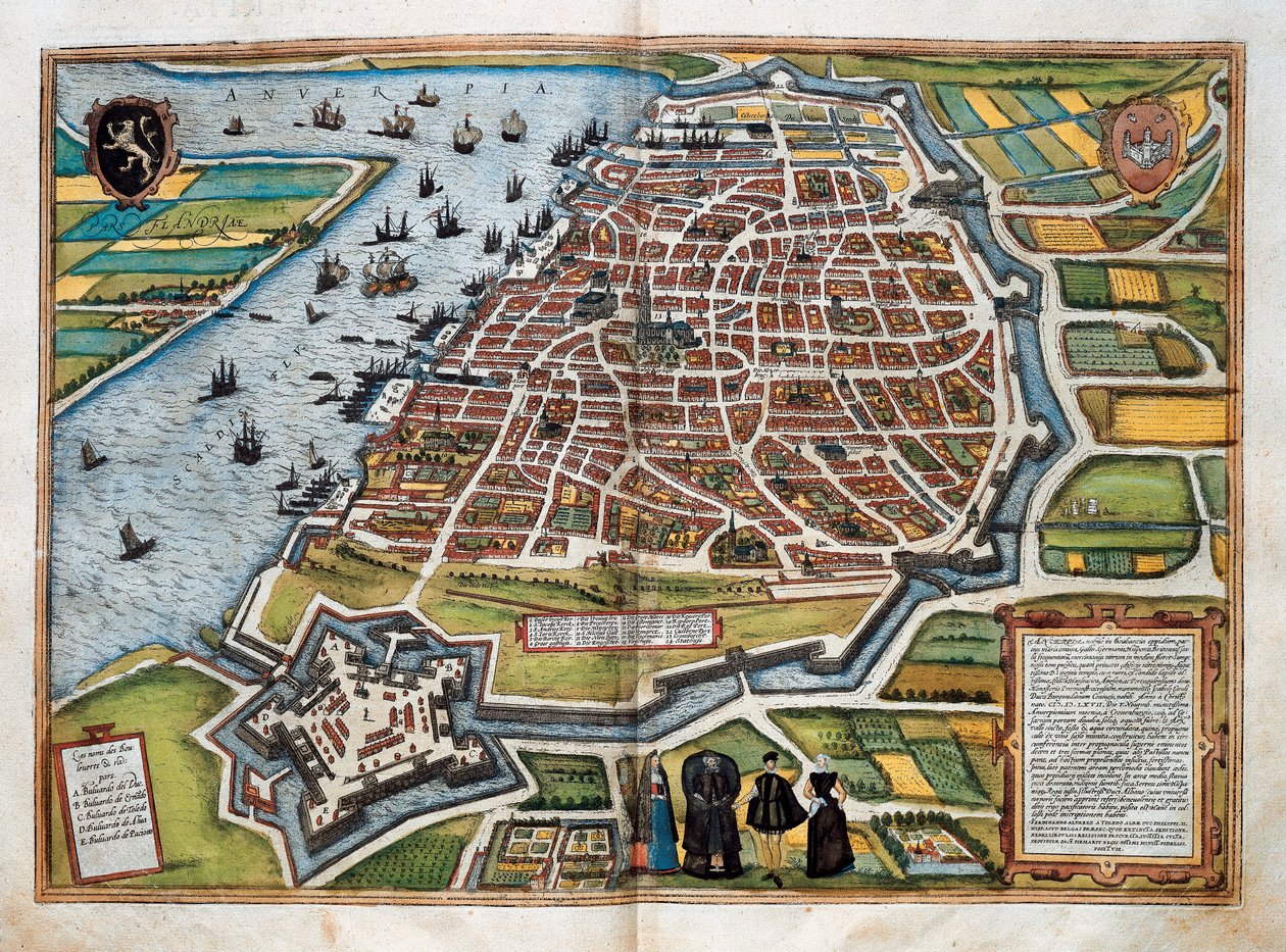 Mapa Antverp, z "Cities of the World" (barevná rytina) od Franz Hogenberg