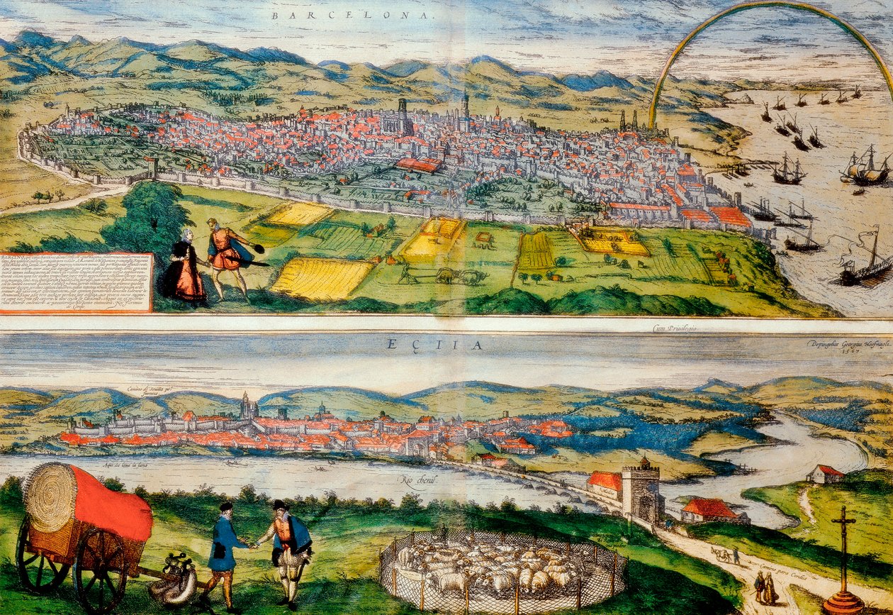 Mapa Barcelony a Ecije z Civitates Orbis Terrarum od Georga Brauna od Franz Hogenberg