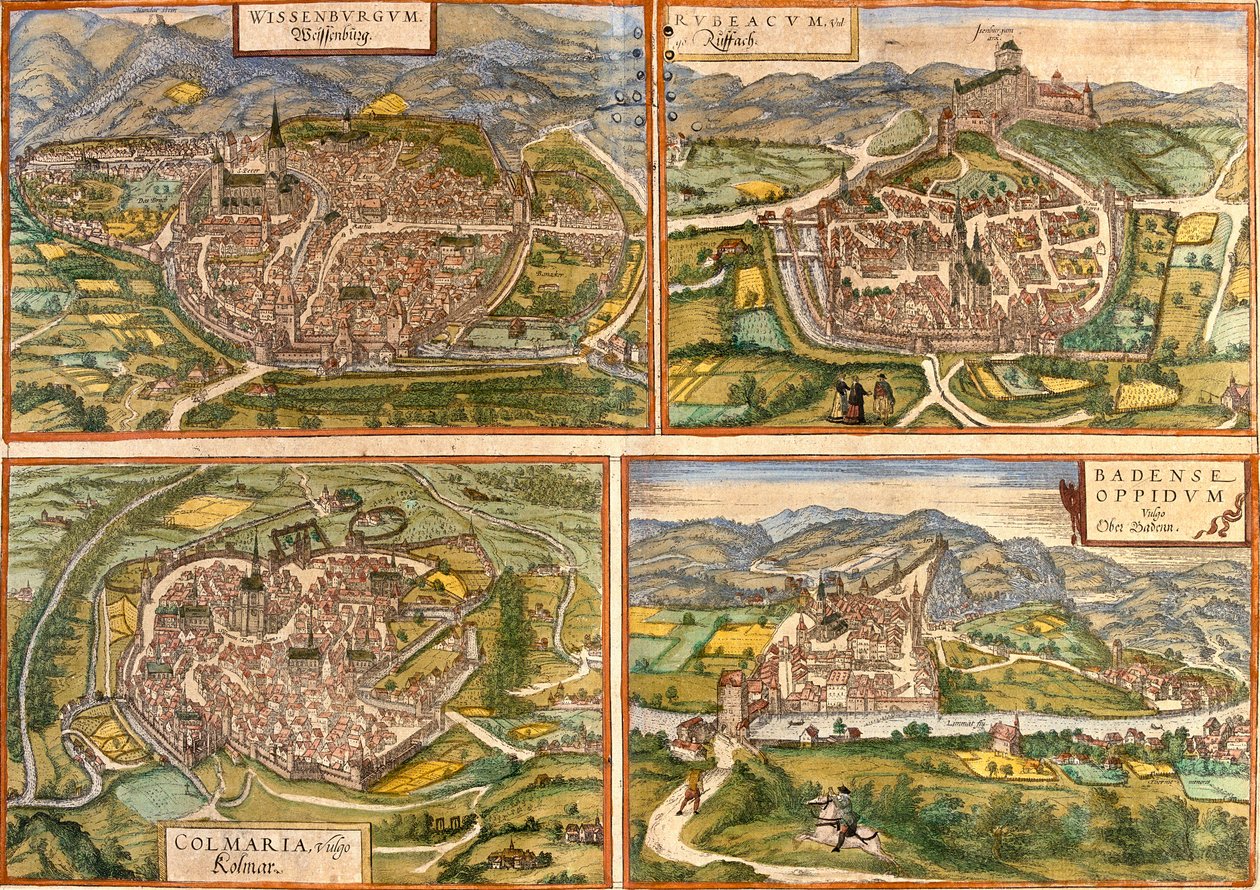 Mapa měst Weissenburg (Wissenburgum) v Německu, Rouffach (Rubeacum) a Colmar (Colmaria) ve Francii a Baden ve Švýcarsku (lept od Franz Hogenberg