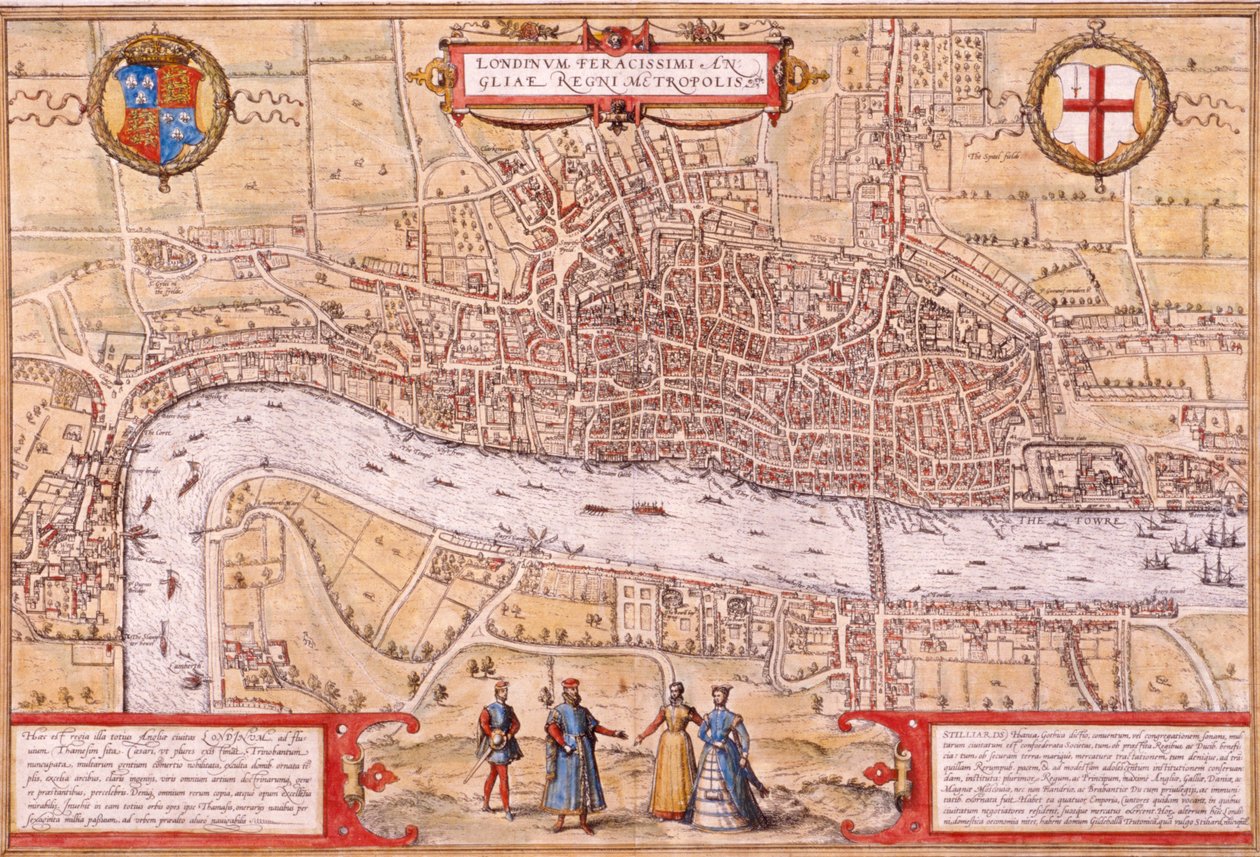 Mapa City of London, Southwark a části Westminster, 1572 od Franz Hogenberg