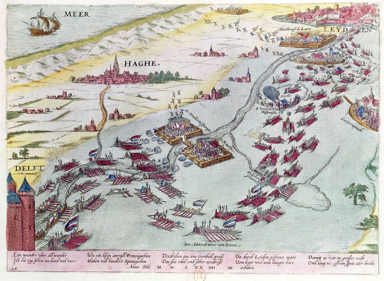Námořní bitva u pobřeží Haagu Námořní mezi žebráky z moře a Španěly v roce 1573 (barevná rytina) od Franz Hogenberg