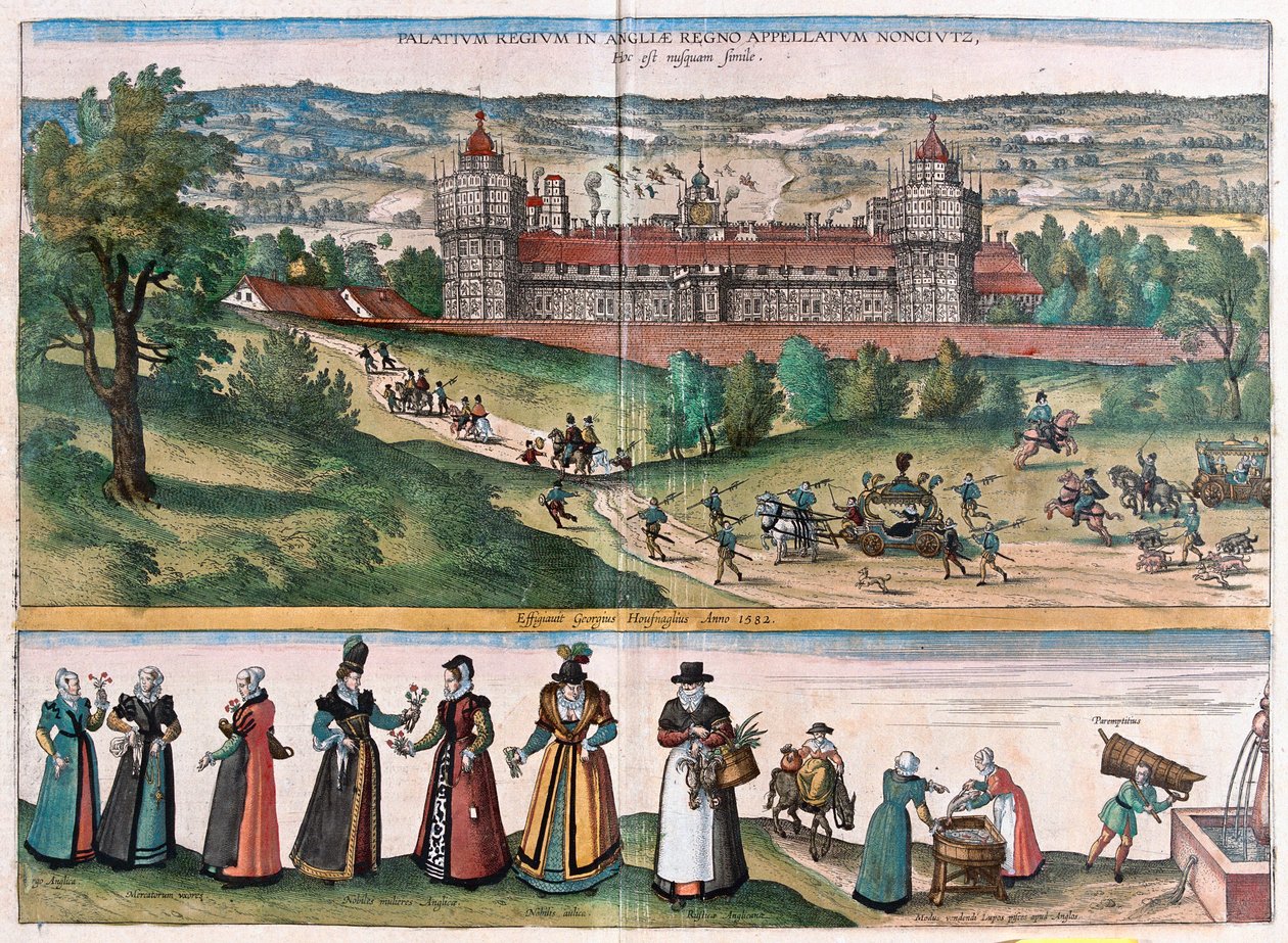 Palace of Sans-Elike, Surrey, Anglie (rytina od Franz Hogenberg