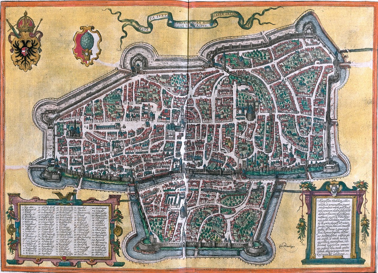 Plán Augsburgu (Augusta Vindelicorum), Německo (lept od Franz Hogenberg