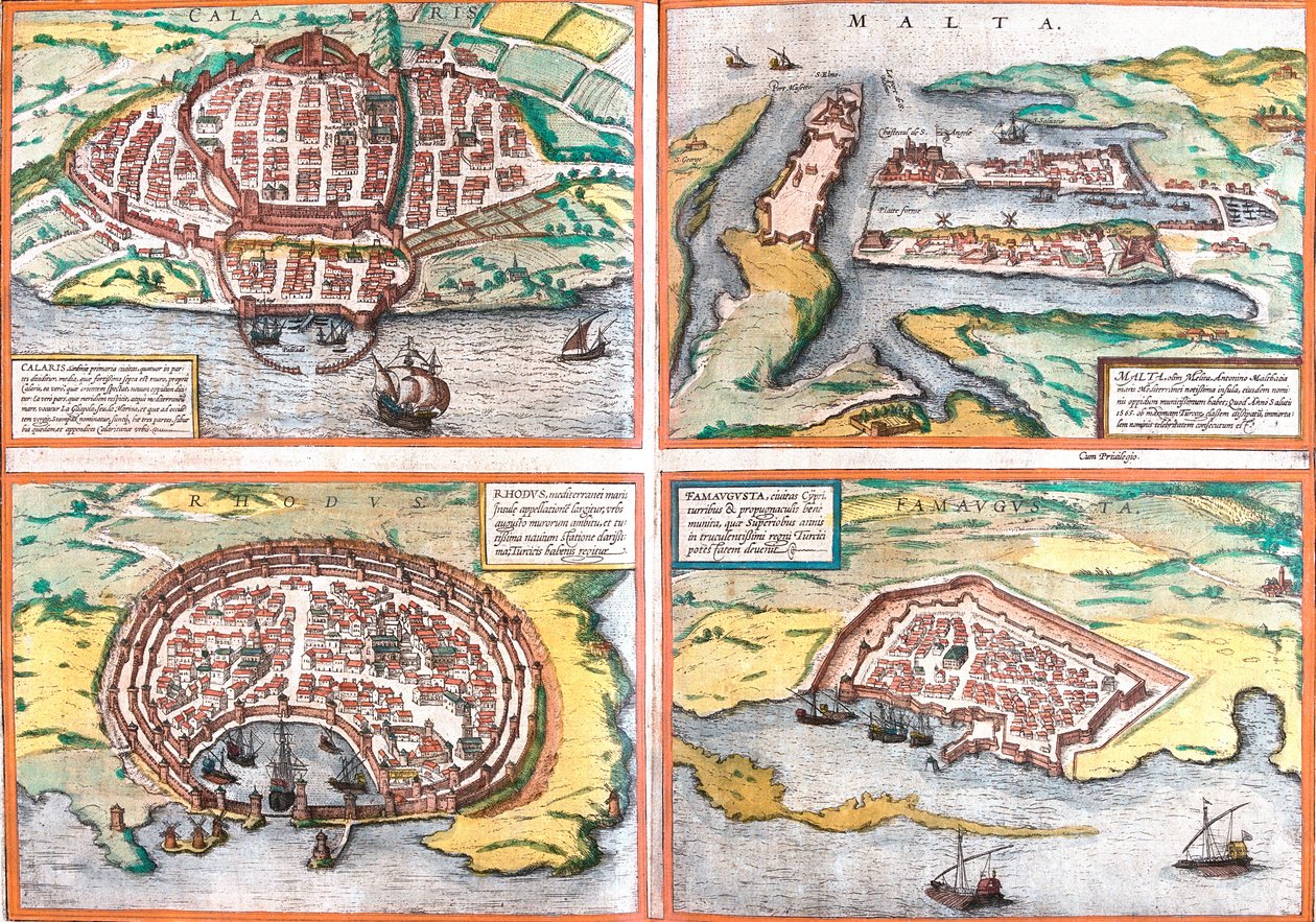 Plán Cagliari (Calaris), Sardinie (Itálie), Malta (Malta), Rhodos (Rhodos) a Famagusta (Famaugusta), Kypr (lept od Franz Hogenberg