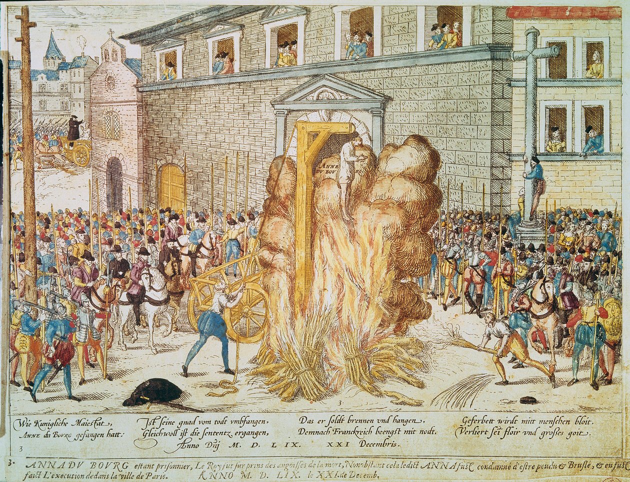 Náboženská válka: poprava francouzského protestantského soudce Anne du Bourg (1521-1559) dne 23. prosince 1559 na Place de Greve v Paříži“ od Franz Hogenberg