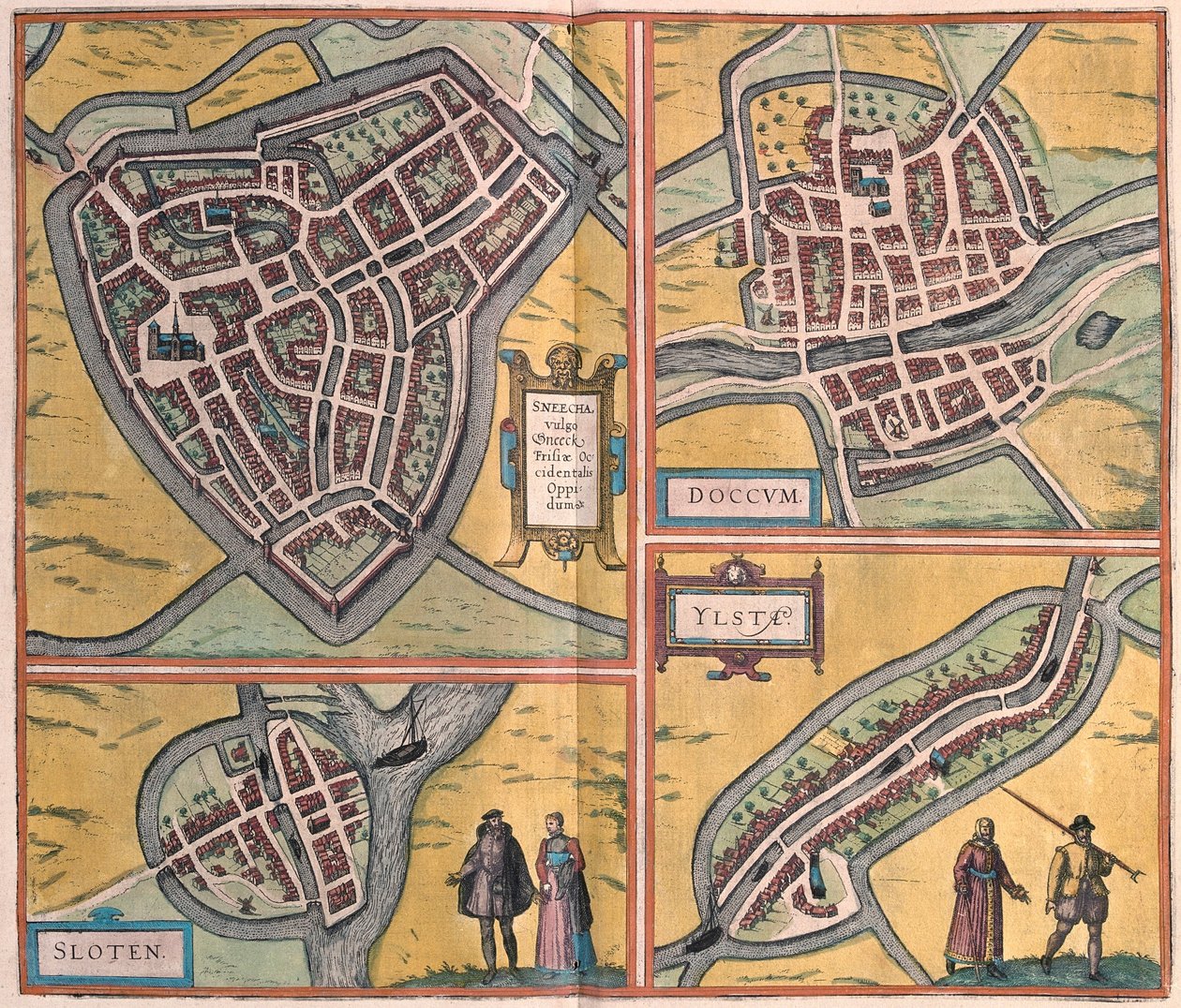 Sneek, Dokkum, Sloten, Ijlst, Nizozemsko (rytina od Franz Hogenberg