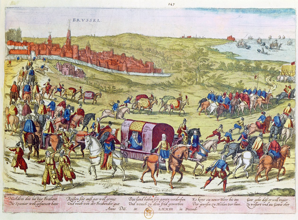 Vévoda z Alby, odvolán do Španělska, opouštějící Brusel, 1573 od Franz Hogenberg