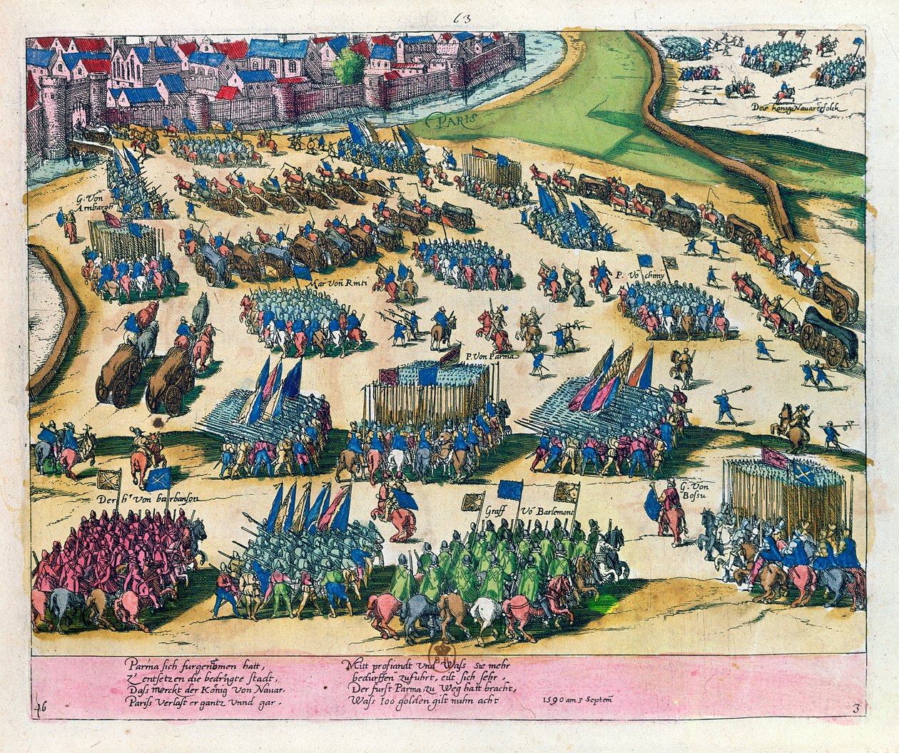 Vévoda z Parmy osvobozuje Paříž od obležení silami Henriho IV v roce 1590 od Franz Hogenberg