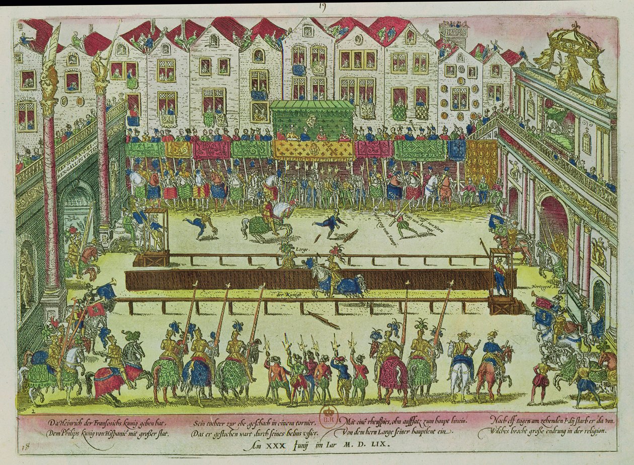 Turnaj, během kterého byl Jindřich II. (1519-59) zraněn hrabětem z Montgomery a zemřel o deset dní později, 30. června 1559 od Franz Hogenberg