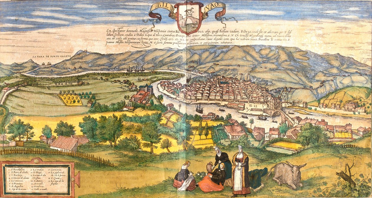 Pohled na Bilbao (Bilbao) Španělsko (lept od Franz Hogenberg