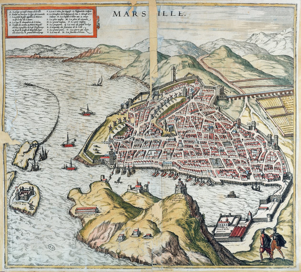 Pohled na Marseille v 16. století, zobrazující nemocnici pro malomocné vlevo dole, z „Le Théâtre du Monde“ od Georga Brauna, 1599 od Franz Hogenberg