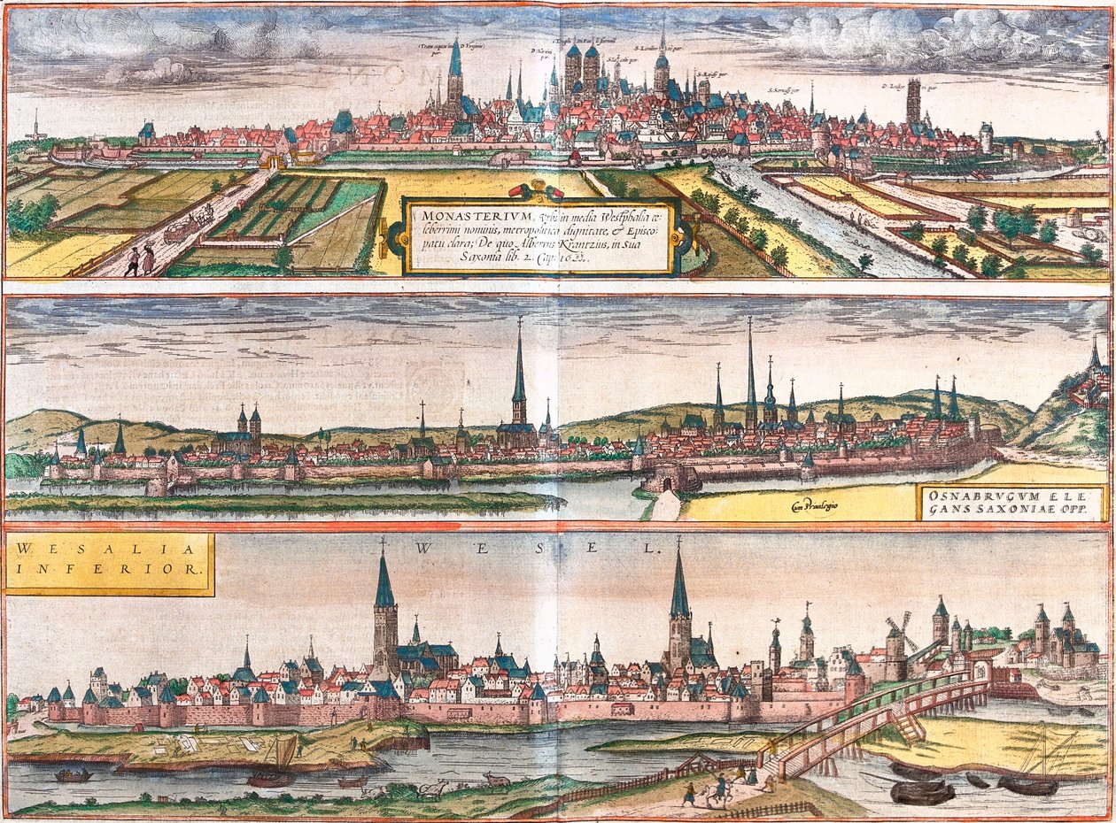 Pohled na Munster (Monasterium), Osnabruck (Osnabrugum) a Wesel (Weselia), Německo (lept od Franz Hogenberg
