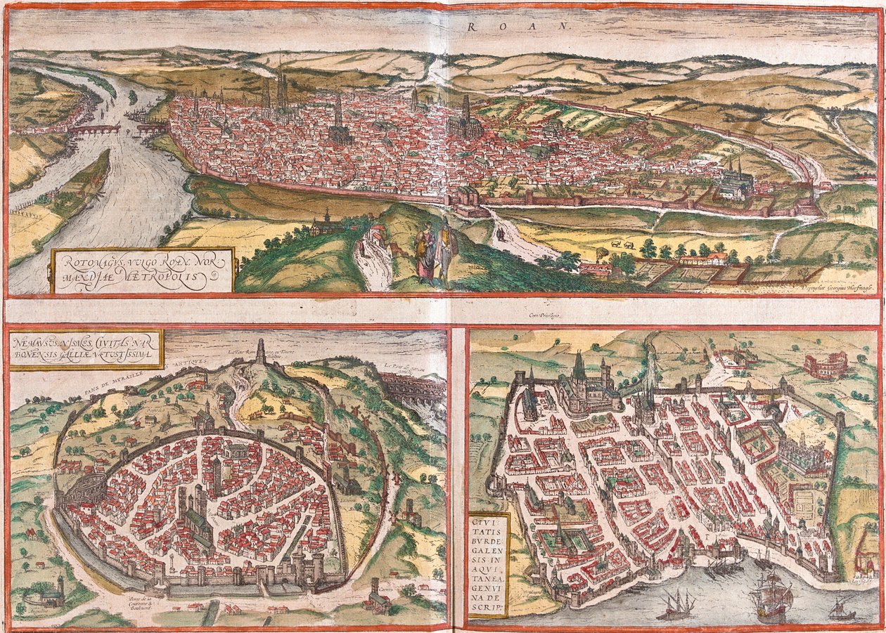 Pohled na Rouen (Rotomagus), Nimes (Nemausus) a Bordeaux (Burdigala), Francie (lept od Franz Hogenberg