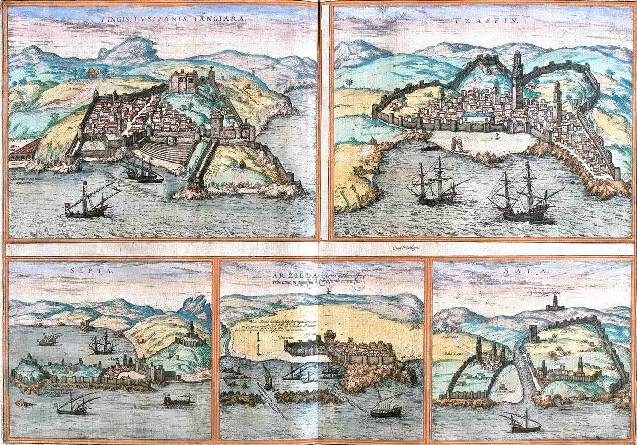 Pohled na Tanger (Tangiara) a Safi (Tzaffin) v Maroku, Ceuta (Septa) (Španělsko v Maroku), Arzila nebo Asilah (Arzilla) a Sale (Sala) v Maroku (lept) od Franz Hogenberg