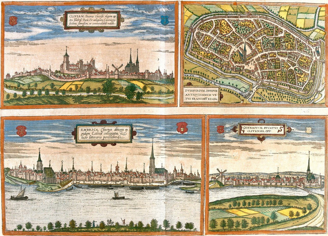 Pohledy a plány na Cleves (Cliviam), Duisburg (Duisburgum), Emmerich am Rhein (Embrica) v Německu a Genappe v Belgii (lept od Franz Hogenberg