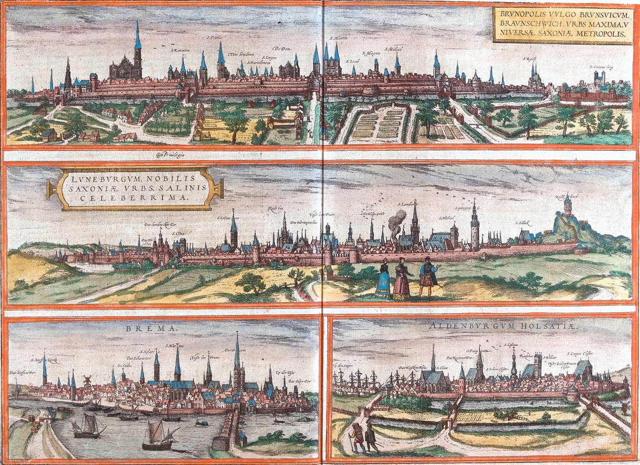 Pohledy na Brunswick (Brusvicum), Lüneburg (Loneburgum), Brémy (Brema) a Oldenburg (Aldenburgum), Německo (lept od Franz Hogenberg