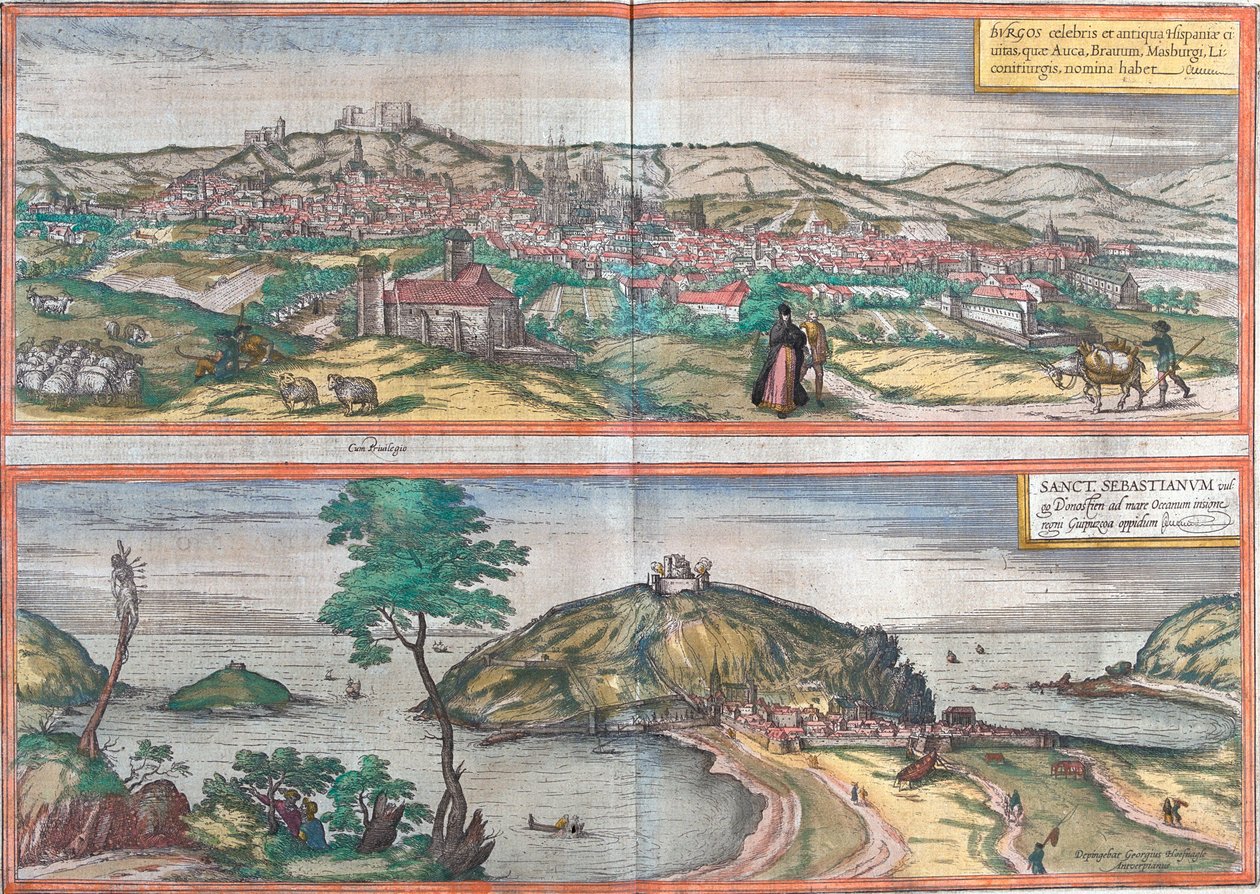 Pohledy na Burgos a San Sebastian (nebo Donostia), Španělsko (lept od Franz Hogenberg