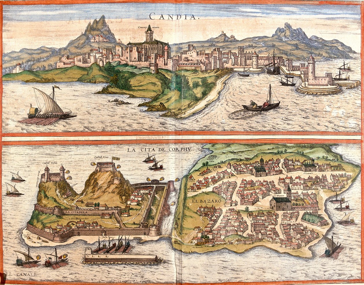 Pohledy na Candia (Candia), současný Heraklion na ostrově Kréta a Korfu nebo Corcyra (Corphu), řecký ostrov (lept od Franz Hogenberg
