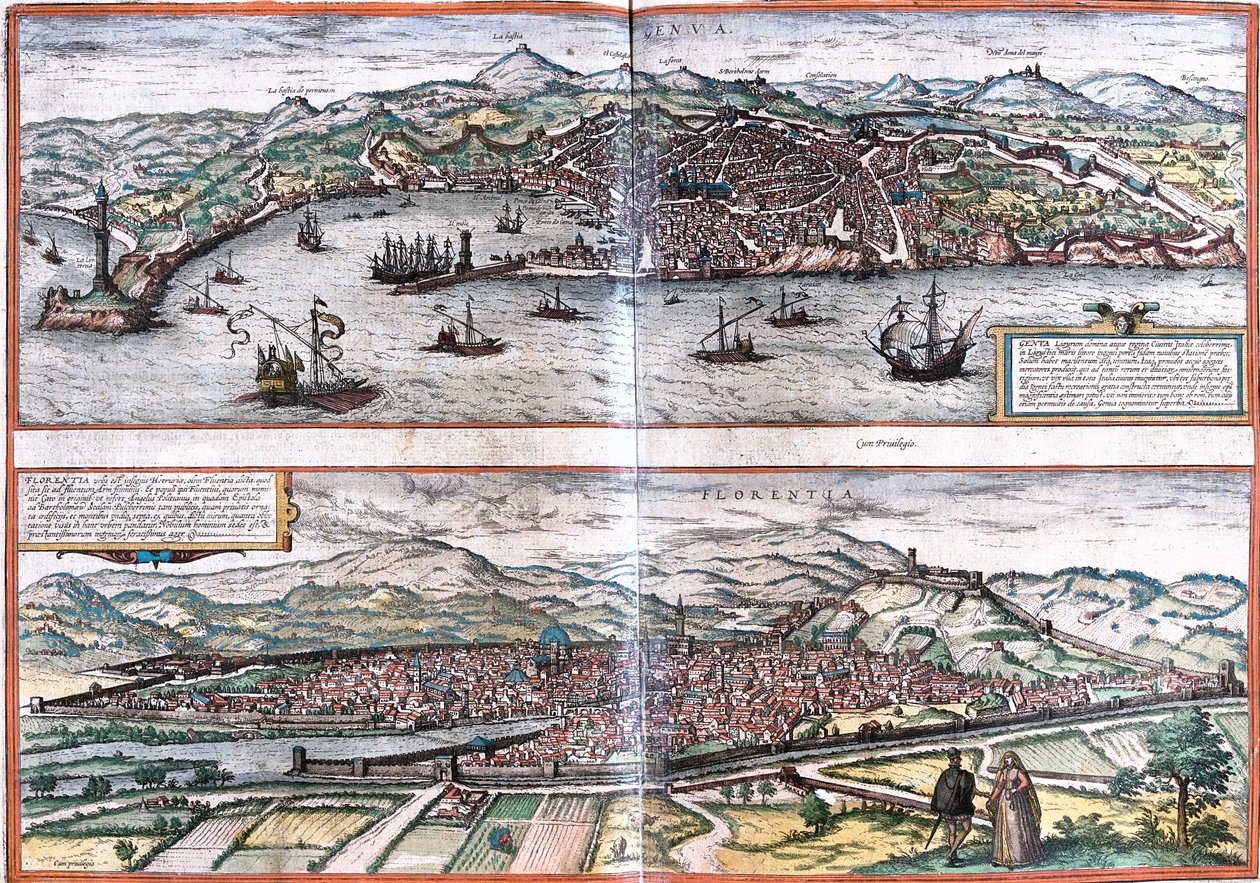 Pohledy na Genes (Genua) a Florencii (Florentia), Itálie (lept od Franz Hogenberg