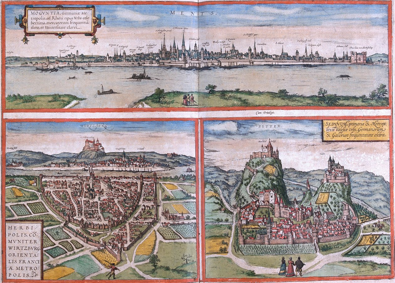 Pohledy na Mainz (Moguntia), Würzburg, Německo a Sion (Sedunum) ve Švýcarsku (lept od Franz Hogenberg