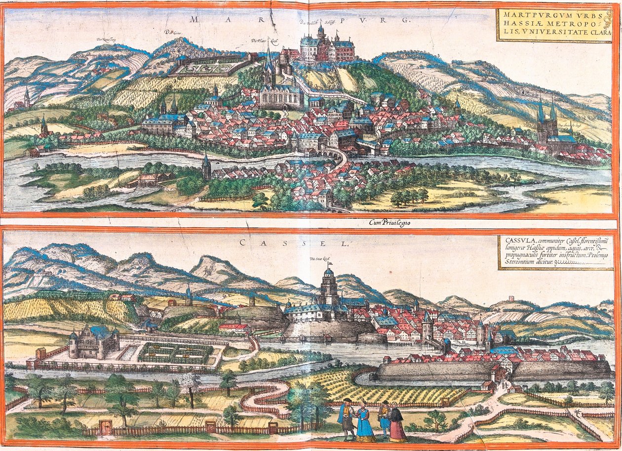 Pohledy na Marburg (Martpurgum) a Cassel (Cassila), Německo (lept od Franz Hogenberg