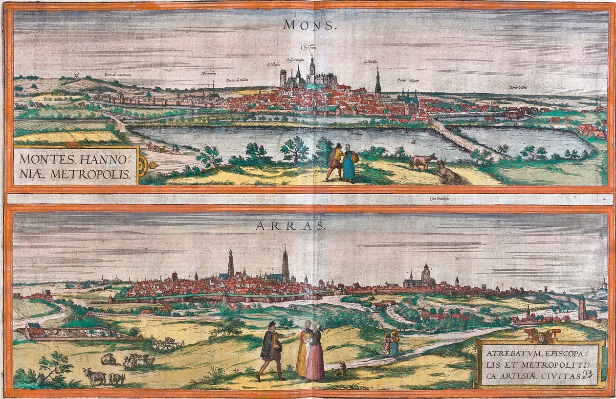 Pohledy na Mons (Montes) (Belgie) a Arras, Francie (lept od Franz Hogenberg