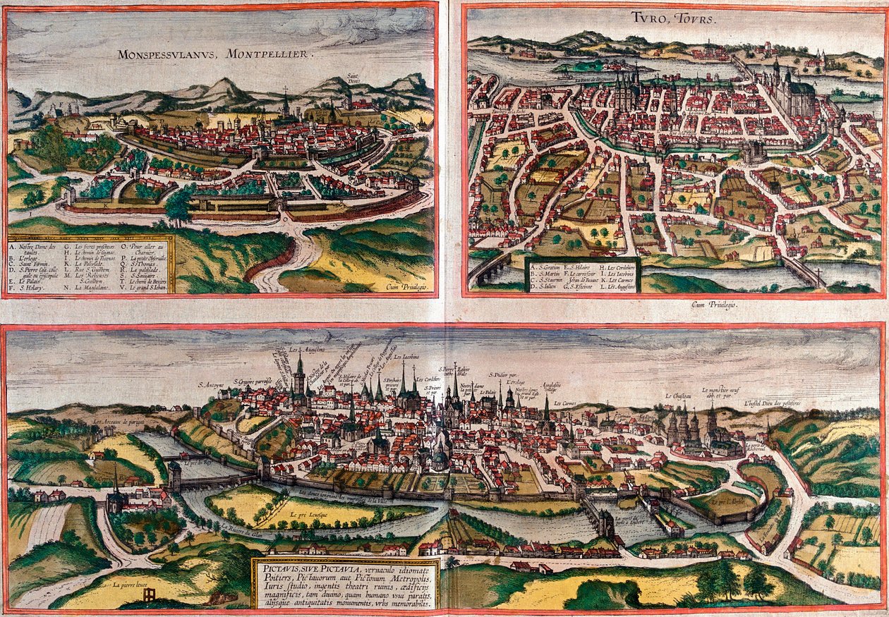Pohledy na Montpellier (Monspessulanus), Tours (Turo) a Poitiers (Pictavis), Francie (lept od Franz Hogenberg