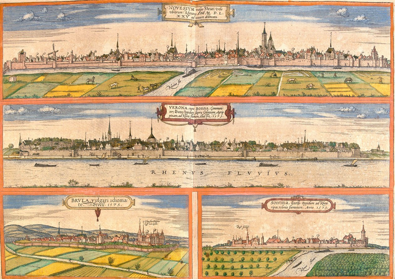 Pohledy na Neuss (Novesium), Bonn (Verona), Bruhl (Brula) a Zons (Sontina), Německo (lept od Franz Hogenberg