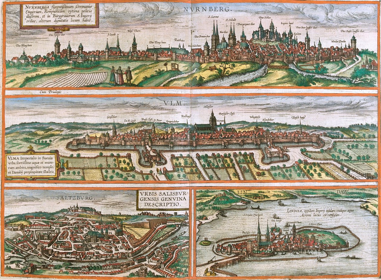 Pohledy na Norimberk (Nurnberga), Ulm (Ulma), Lindau (Lindola), Německo a Salzburg (Salisburgensis) v Rakousku (lept od Franz Hogenberg