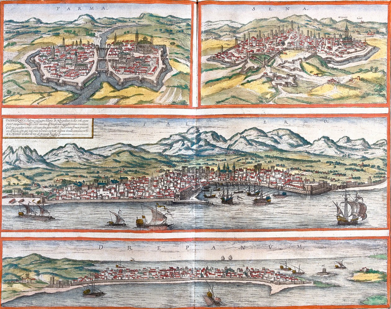 Pohledy na Parmu (Parma), Siena (Sena), Palermo (Panhormus) a Trapani (Drepanum) (Sicílie), Itálie (lept) od Franz Hogenberg