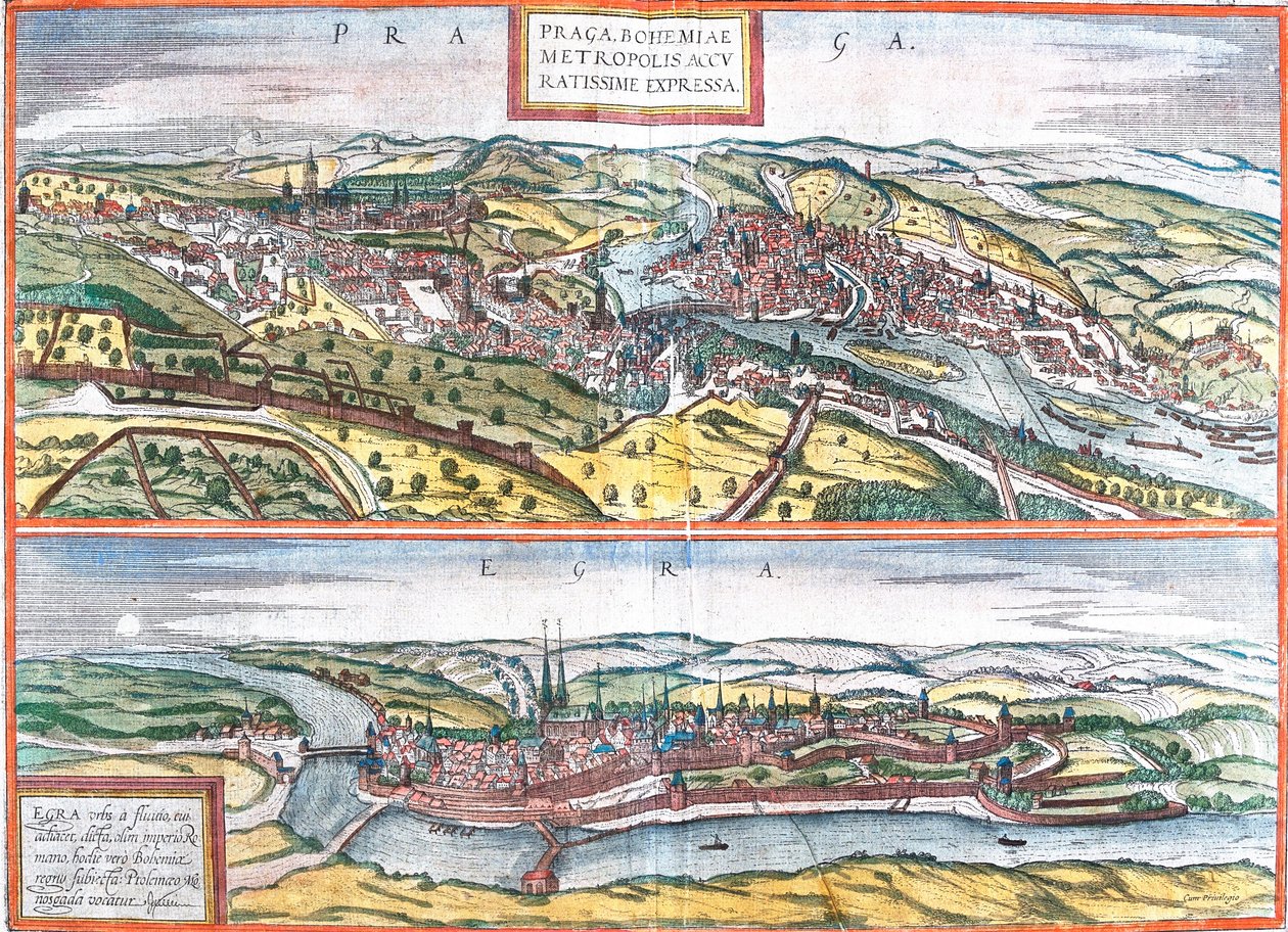 Pohledy na Prahu (Praga) a Egra, Česká republika (lept od Franz Hogenberg