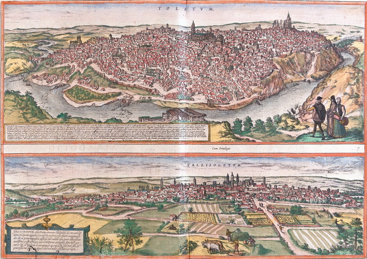 Pohledy na Toledo a Valladolid (Vallisoletum), Španělsko (lept od Franz Hogenberg