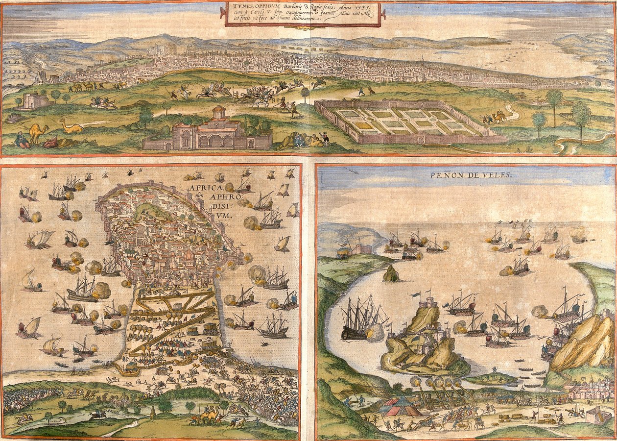 Pohledy na Tunis (Tunes) a Mahdia (Aphrodisium) v Tunisku a Penon de Velez de la Gomera nebo Badis (Bades) (Penon de Veles), penon de Veles, sporný mezi Španělskem a Marokem (lept). od Franz Hogenberg