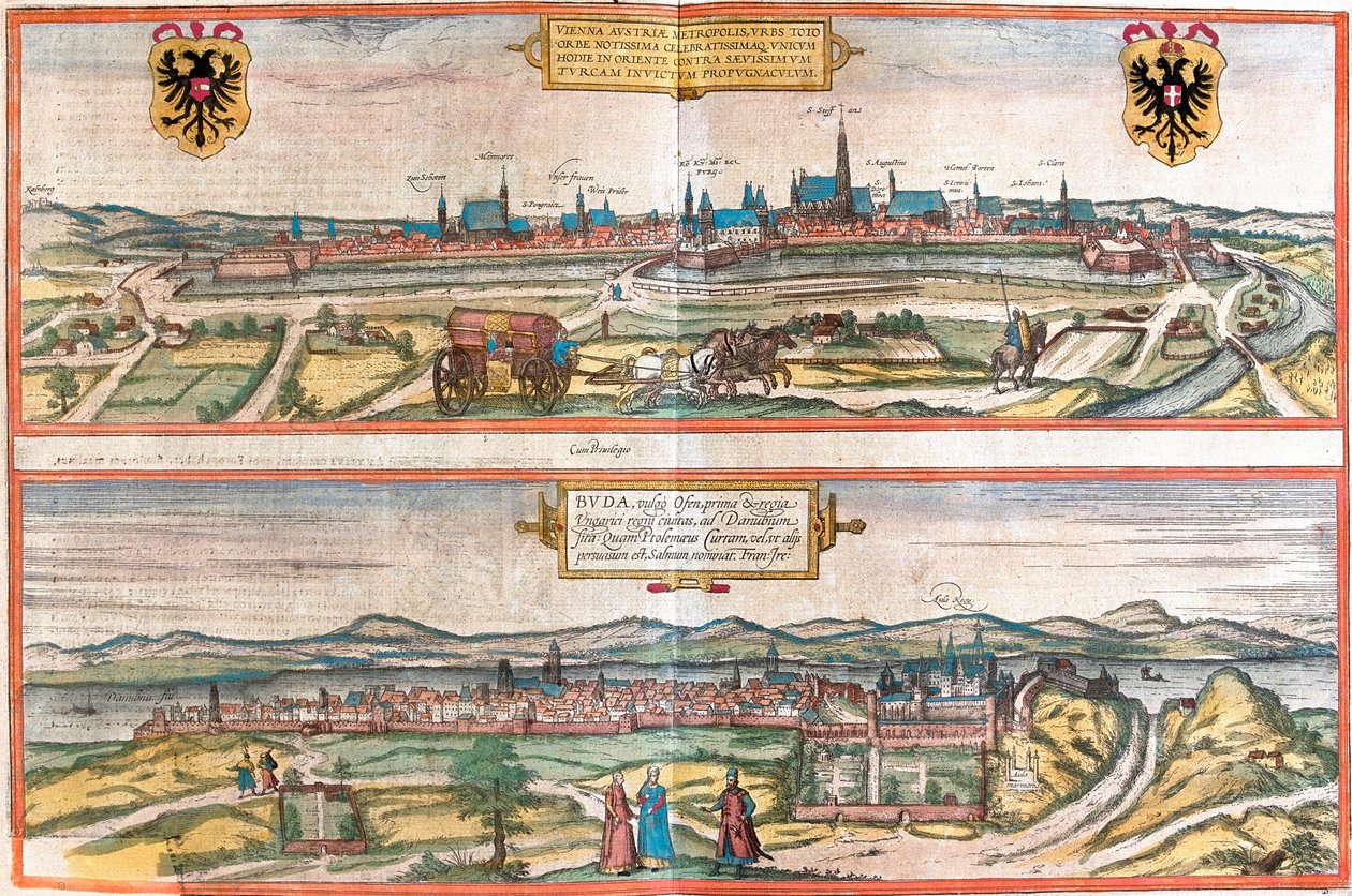 Pohledy na Vídeň (Vídeň), Rakousko a Budapešť (Buda), Maďarsko (lept od Franz Hogenberg