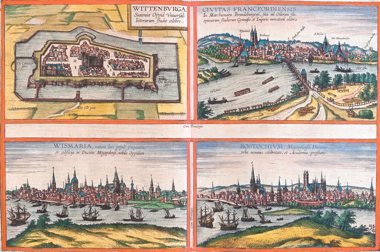 Pohledy na Wittenburg (Wittenburga), Frankfurt (Francfordiensis), Wismar (Wismaria) a Rostock (Rostochium), Německo (lept od Franz Hogenberg