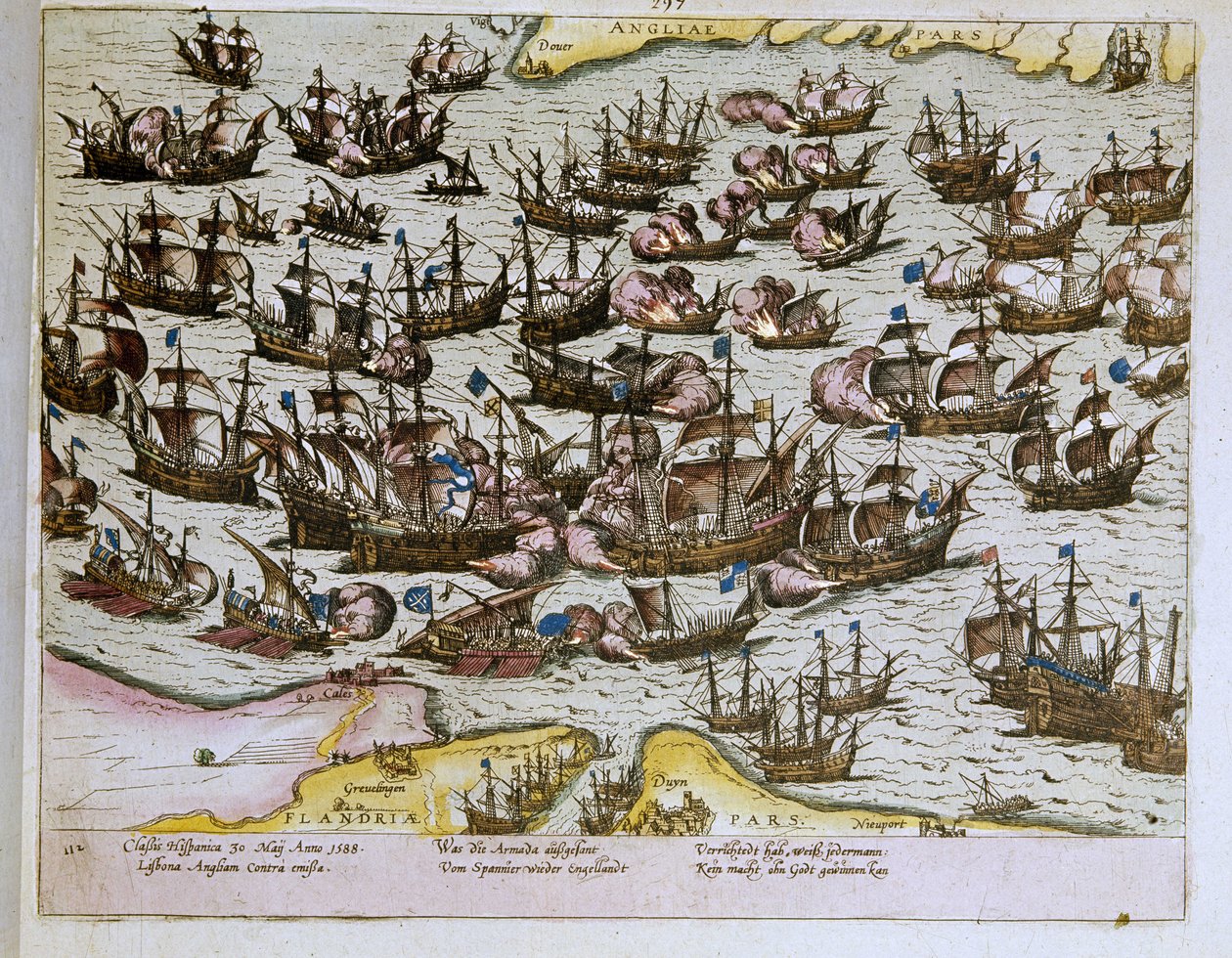 porážka nepřemožitelné španělské armády anglickými břehy dne 8.8.1588, ilustrace z roku 1653 (rytina) od Franz Hogenberg