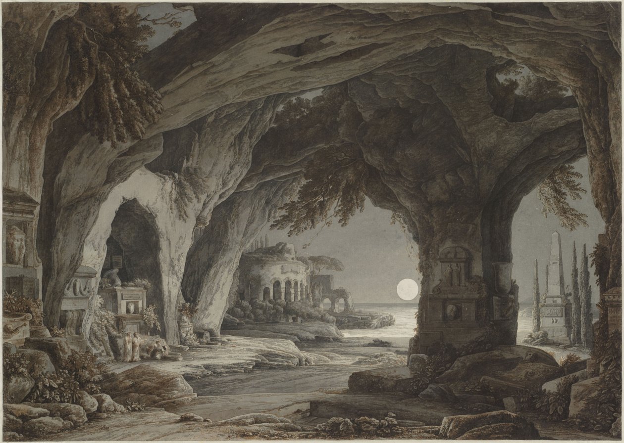 Ideální krajina se skalní jeskyní, hrobkami a ruinami v měsíčním světle, c. 1790. od Franz Innocenz Josef Kobell