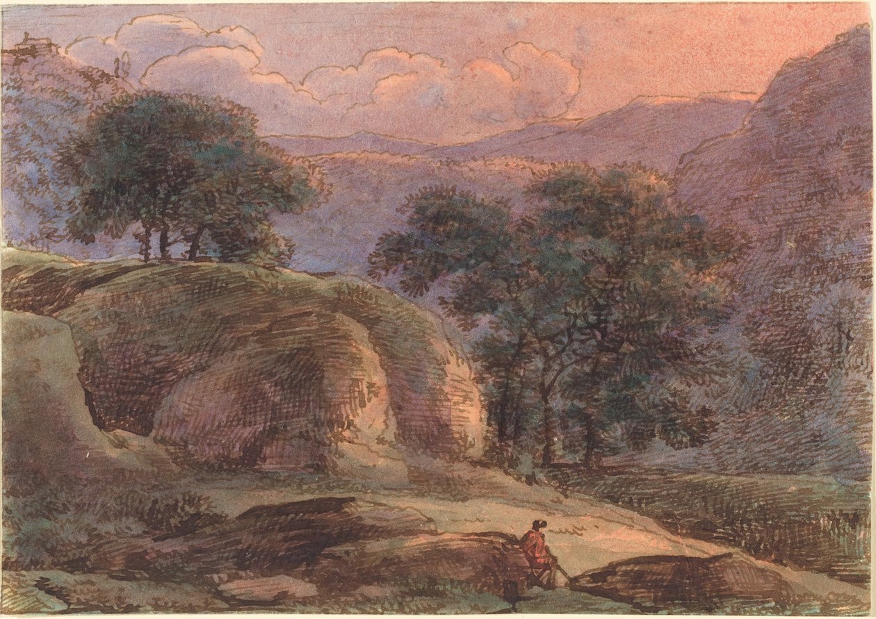 Cestovatel v hornaté krajině při západu slunce od Franz Innocenz Josef Kobell