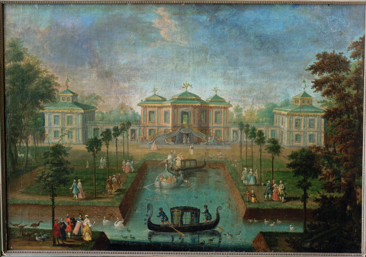 Dvorní život v parku Augustusburského paláce kolem Indiánského domu, pohled od východu ... od Franz Jakob Rousseau