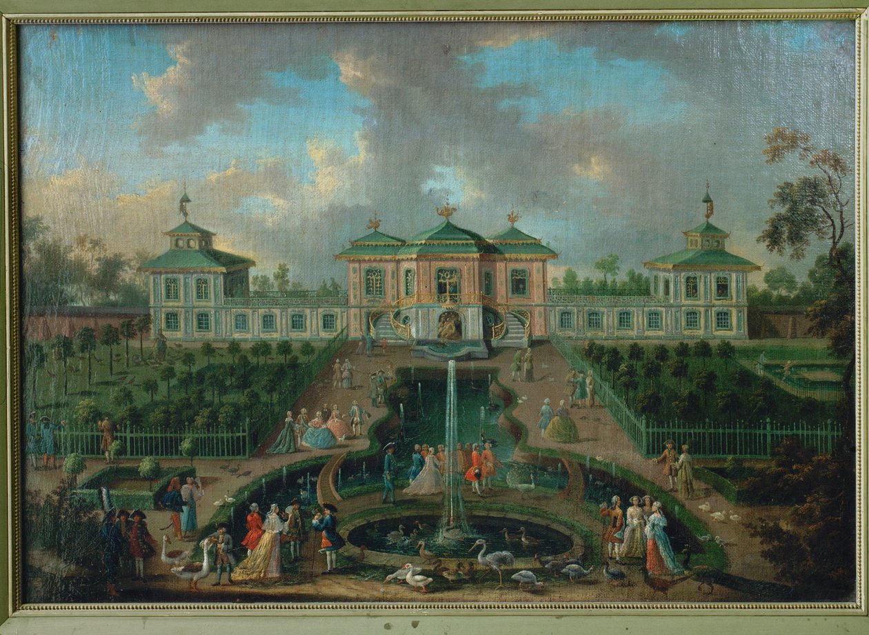 Dvorní život v parku Augustusburského paláce kolem Indiánského domu, pohled od západu ... od Franz Jakob Rousseau