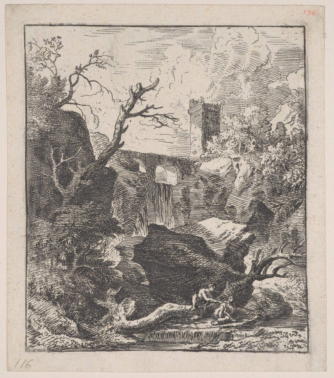 Deska 2: dvě postavy sedící na kmeni stromu na břehu potoka v popředí,..., ca. 1700-25. od Franz Joachim Beich