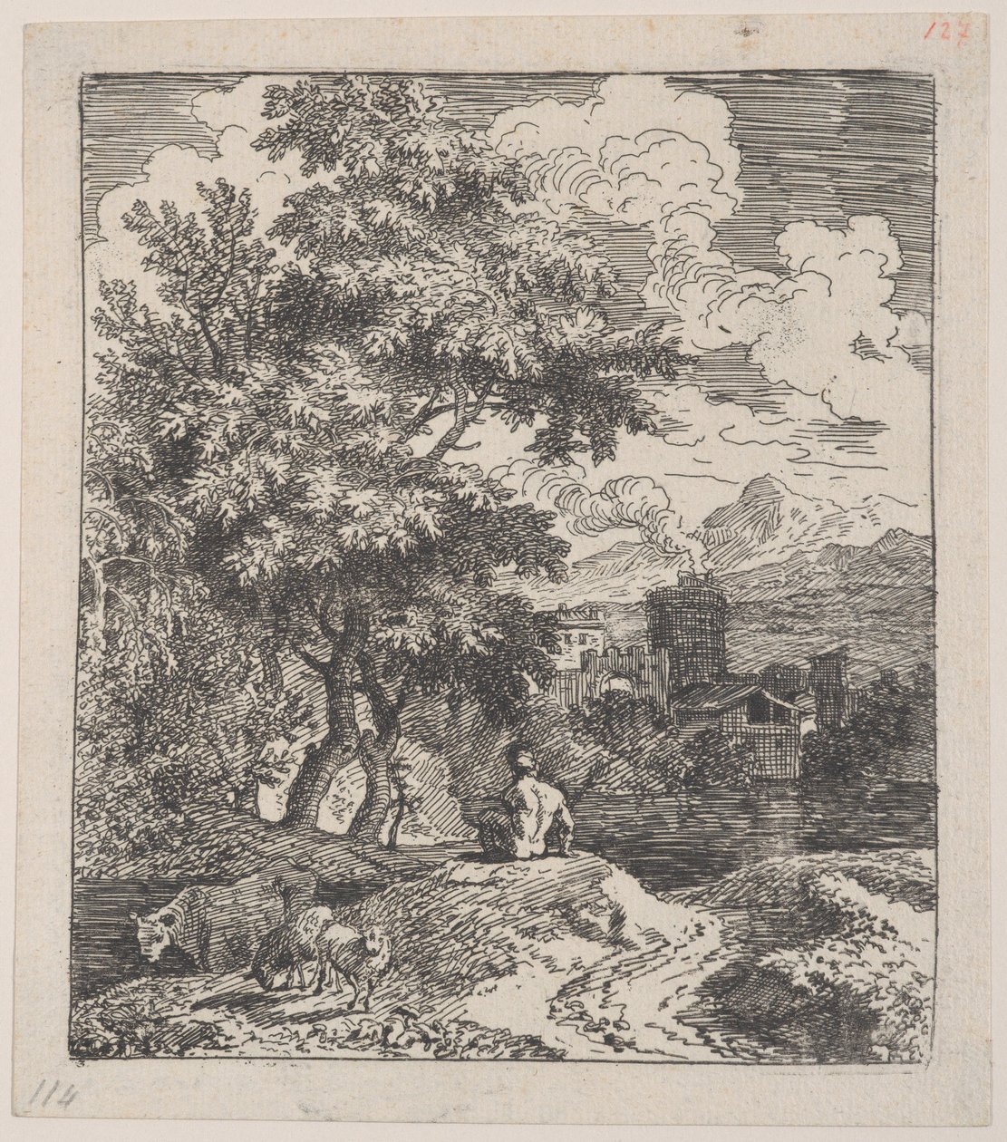 Talíř 3: pastýř sedící na kopci, kráva a dvě ovce vlevo a město v ri..., ca. 1700-25. od Franz Joachim Beich