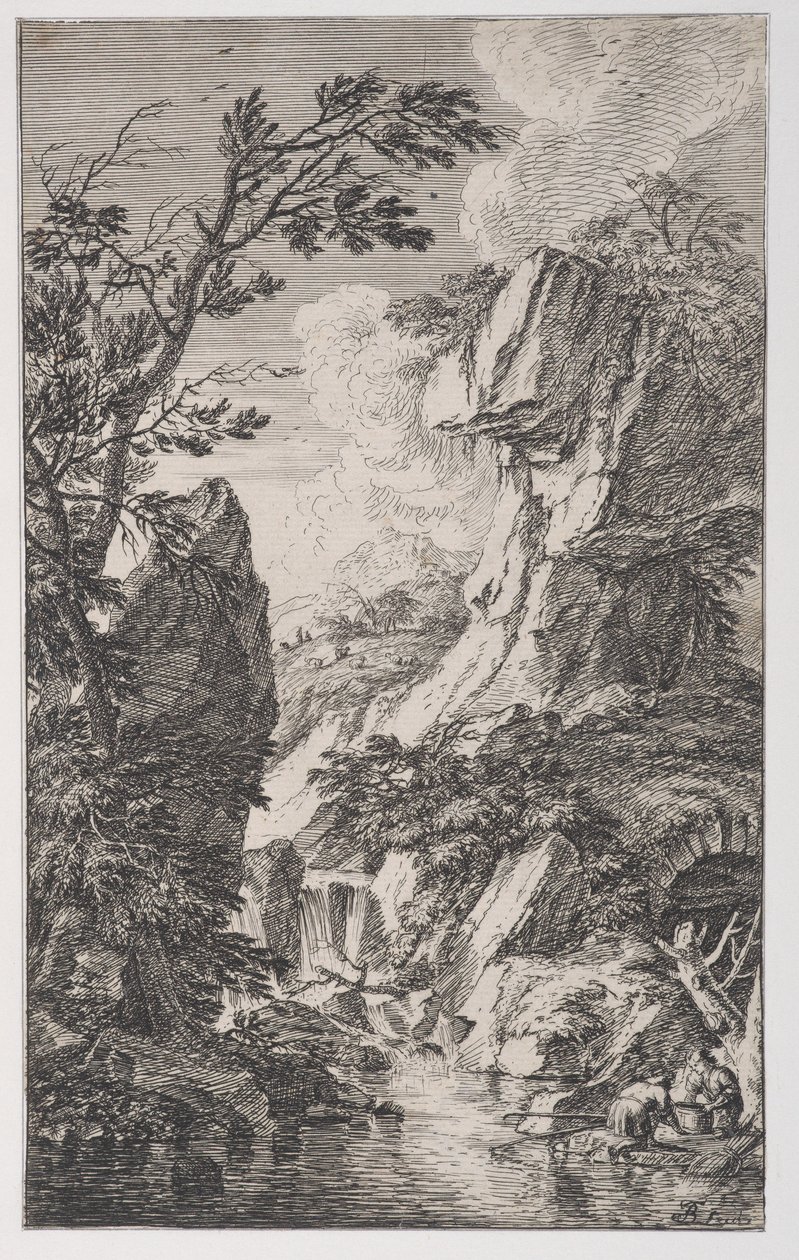 Deska 4: dva rybáři na břehu potoka vpravo, vodopád uprostřed, od..., ca. 1700-25. od Franz Joachim Beich
