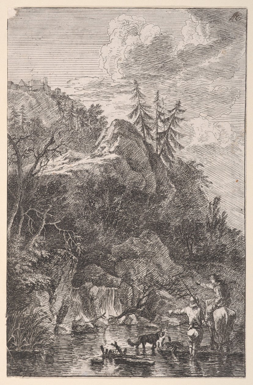 Deska 5: ženská postava na koni a mužská postava se psem stojícím v uličce..., ca. 1700-25. od Franz Joachim Beich