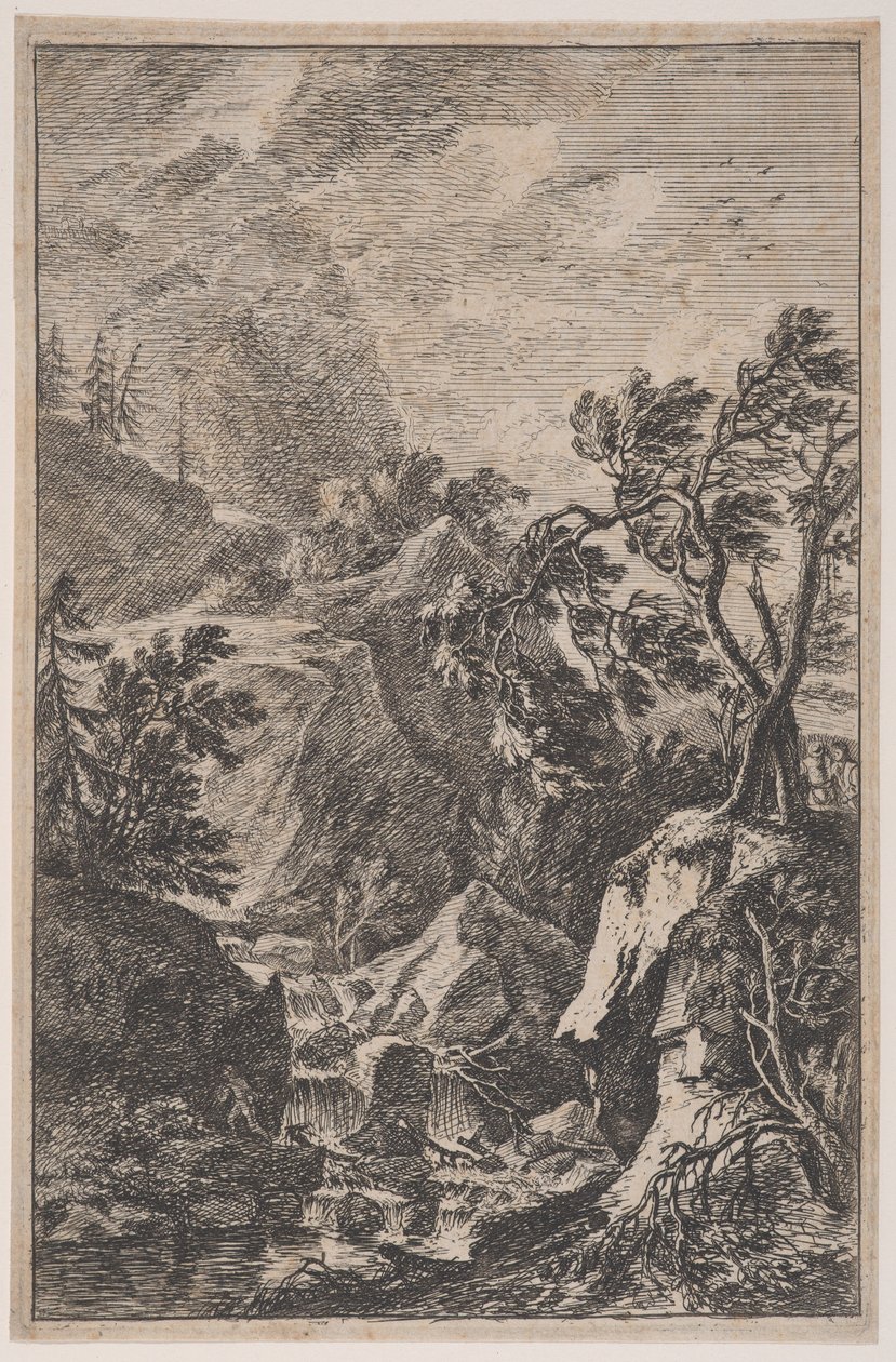 Talíř 6: dvě mužské postavy stojící na skále vpravo, vodopád uprostřed s..., ca. 1700-25. od Franz Joachim Beich