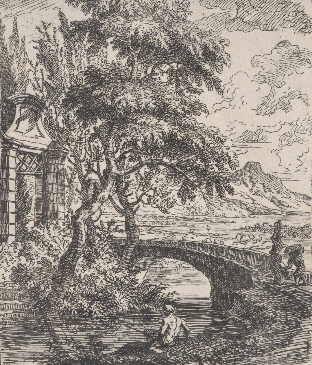 Deska 7: dvě postavy vpravo chystající se překročit kamenný most, rybář v..., ca. 1700-25. od Franz Joachim Beich